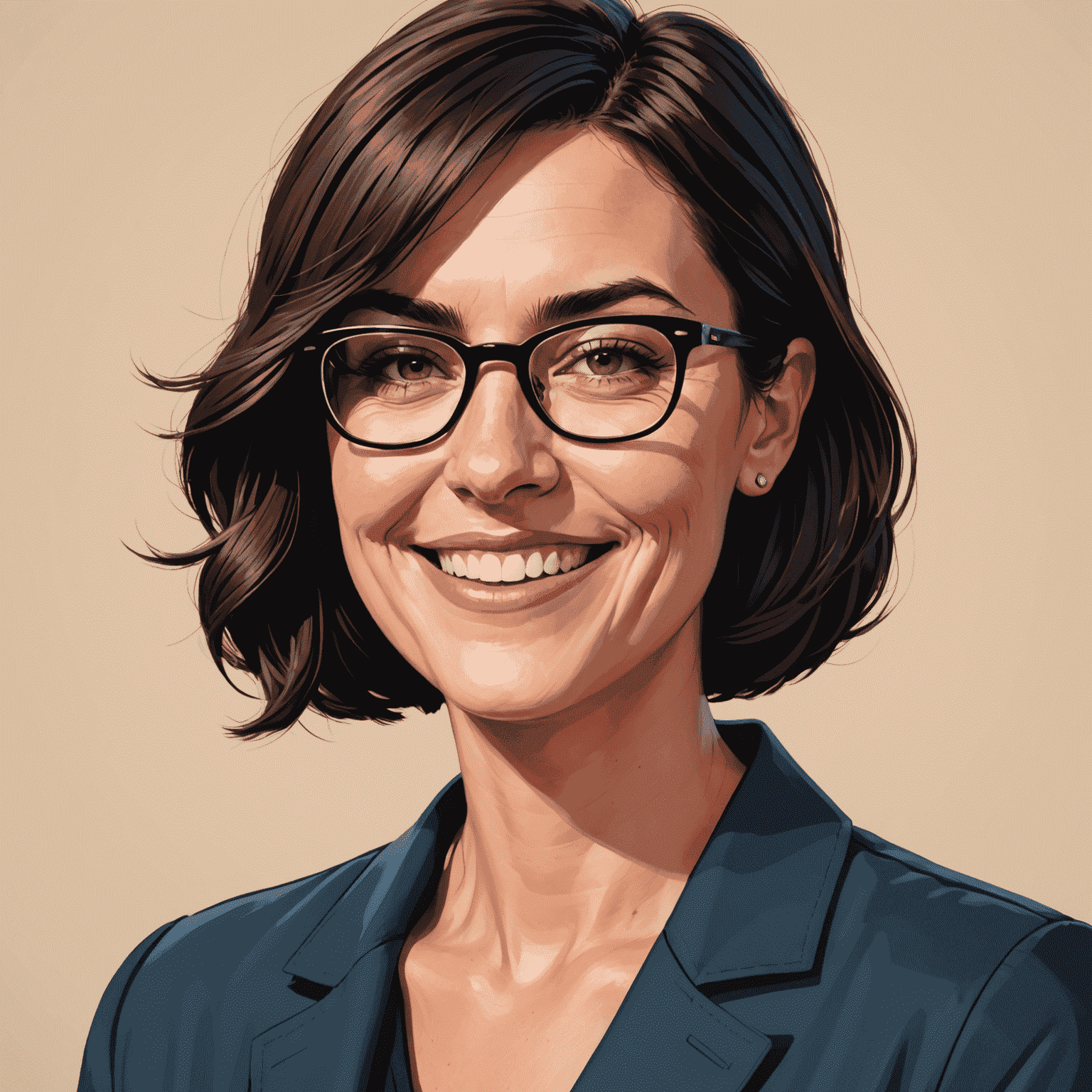Portrait of Sarah, a woman in her 30s with short dark hair and glasses, smiling at the camera