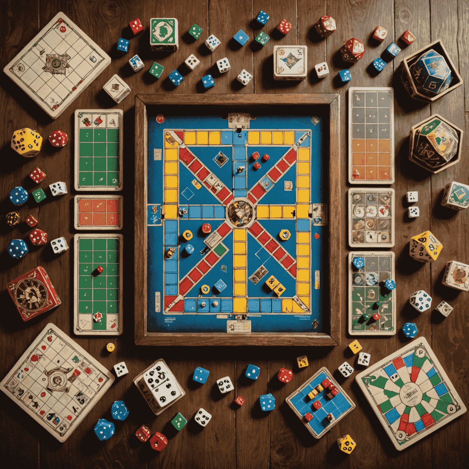 Various strategy board games laid out on a wooden table, showcasing colorful game boards, intricate pieces, and dice