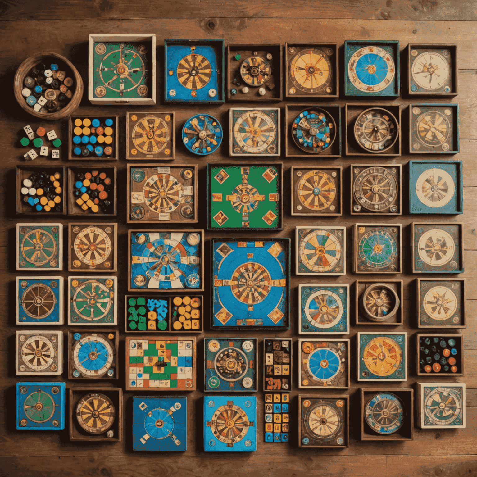 A collage of 10 popular strategy board games laid out on a wooden table, showcasing their colorful boxes and intricate game pieces