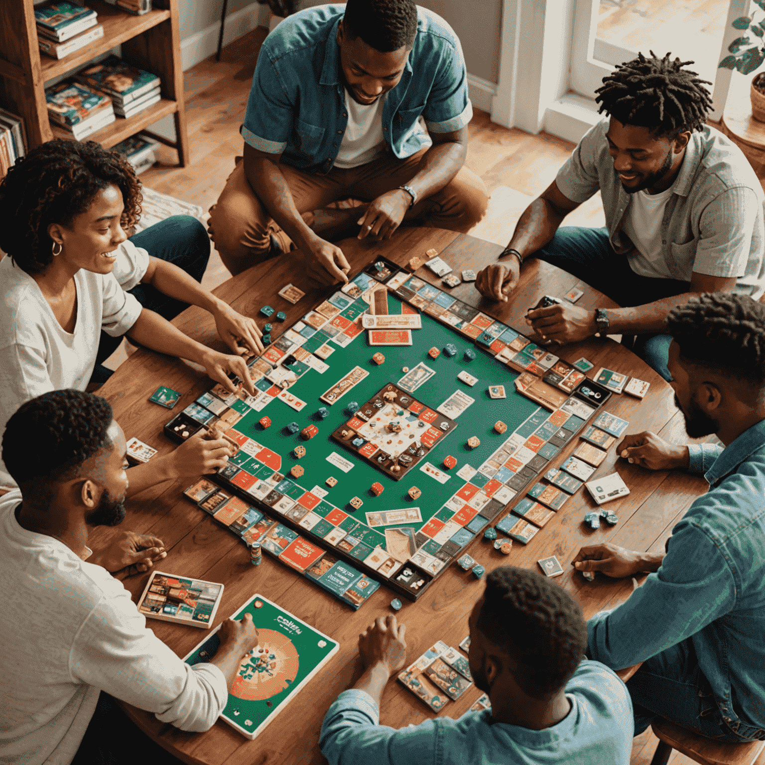 A diverse group of friends gathered around a table with various board games spread out, examining game boxes and discussing options