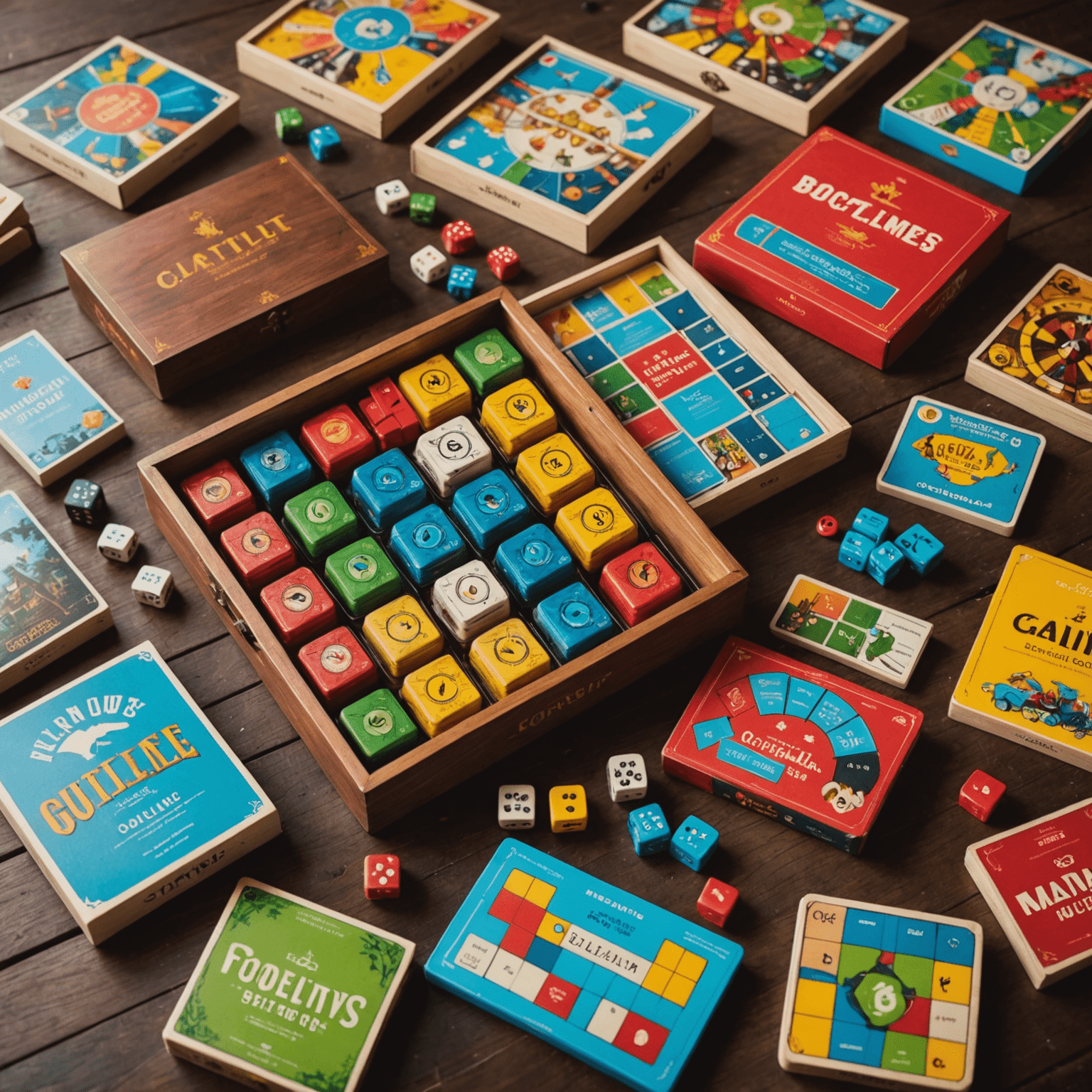 A collection of colorful, affordable board games spread out on a wooden table, showcasing their attractive packaging and components