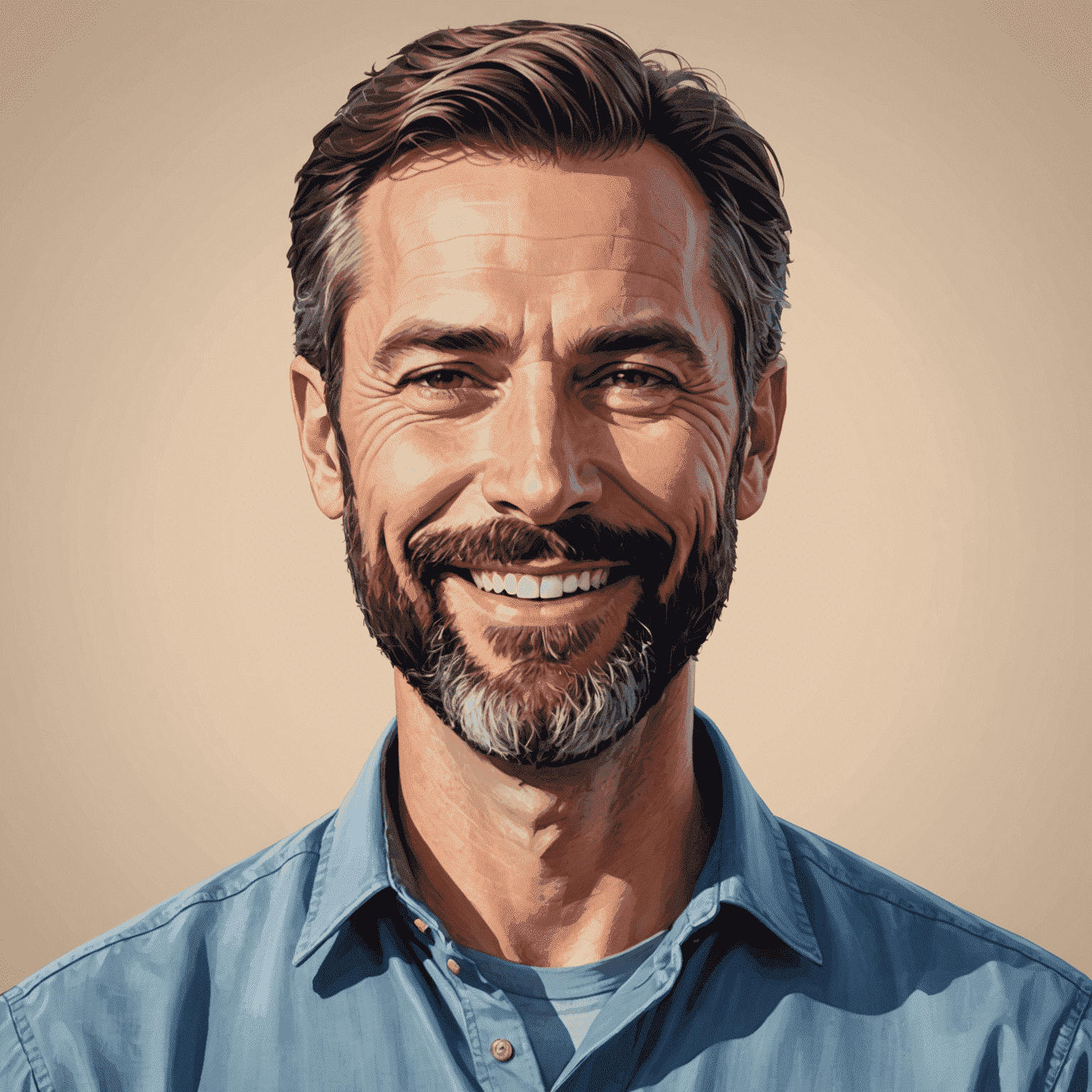Portrait of Mike, a man in his 40s with a beard and friendly smile, wearing a casual shirt