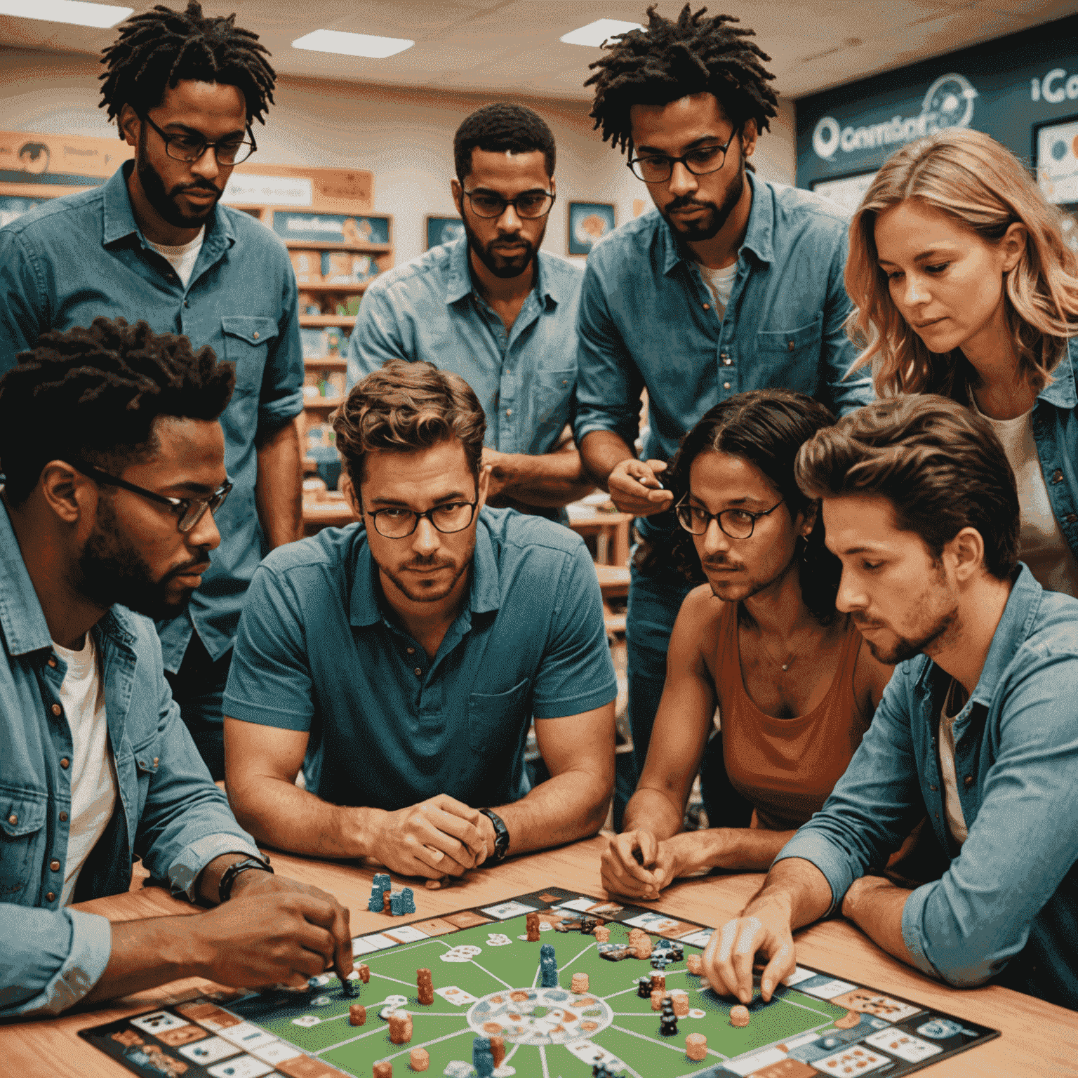 A diverse group of people examining different board games, with thought bubbles showing factors like player count, game duration, and complexity