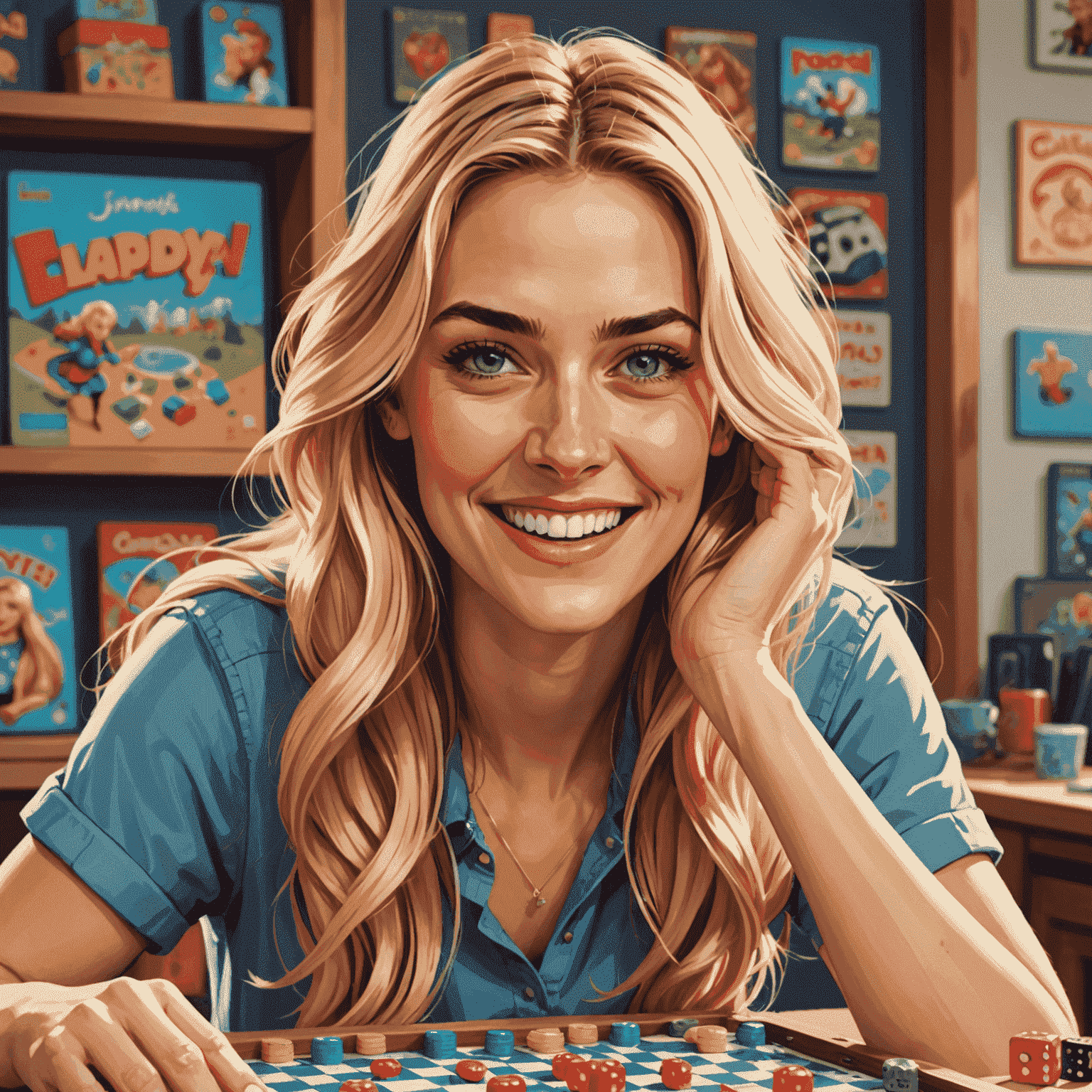 Portrait of Lena, a woman in her 20s with long blonde hair, looking excited about board games