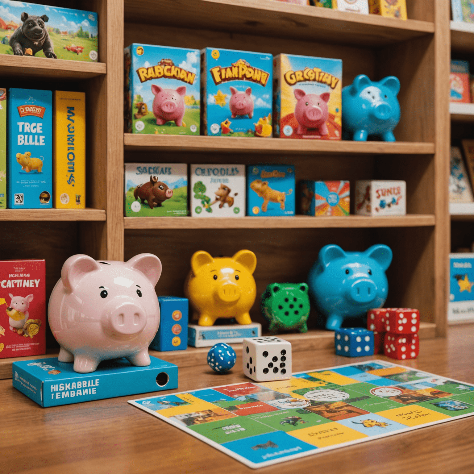 A collection of affordable board games with price tags under $30, arranged on a shelf with a piggy bank in the foreground