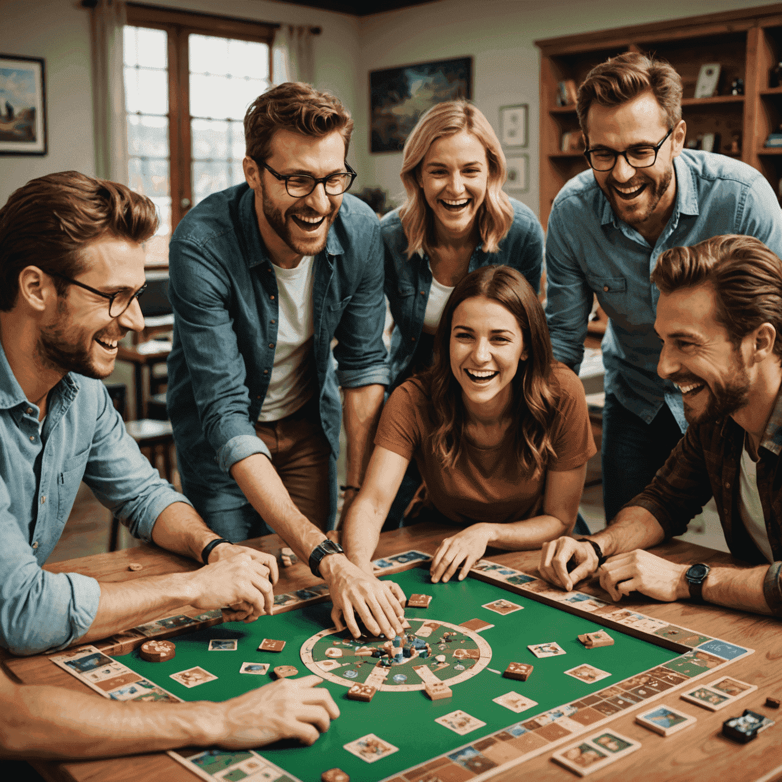 A group of players working together on a cooperative board game, with excited expressions and collaborative gestures