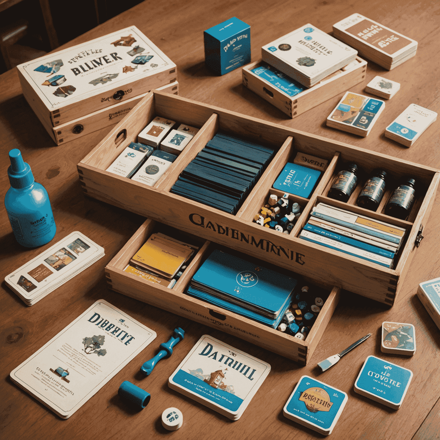 A set of board game maintenance tools and products, including card sleeves, box organizers, and cleaning supplies